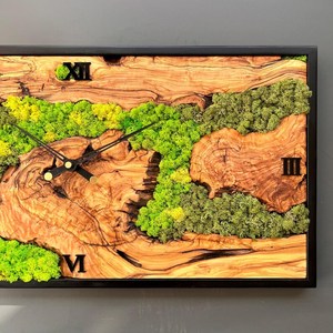 Olive Wood Moss Wall <b>Clock</b> Rectangular Handmade Wooden <b>Clock</b> Decor Luxury Wood & Moss Designer Wall <b>Clock</b> Eco-Friendly Green - Product Image 5