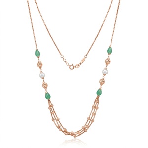 Collier Mala italien en argent 925, finition or rose, pierre verte, perle, bijoux multicouches de créateur pour femmes - Product Image 1
