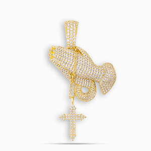 จี้สร้อยคอรูปมืออธิษฐานประดับคริสตัลเคลือบทอง 18K สไตล์ฮิปฮอปสำหรับทุกเพศ - Product Image 2