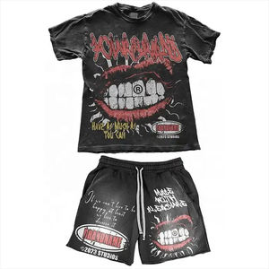 Ensemble de survêtement 2 pièces surdimensionné en coton 100% grammage lourd, effet vintage délavé à l'acide, pour homme, avec sweat à capuche brodé motif soleil, idéal pour l'été - Product Image 4