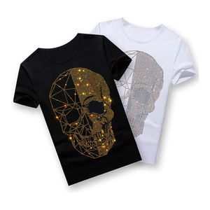 Camisetas de Algodón y Poliéster con Cuello Redondo, Diseño de Calavera con Pedrería, Estilo Urbano, Tallas Grandes, Venta al Por Mayor - Product Image 1