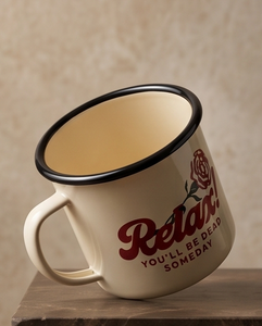OEM Printed Enamel Coffee <b>Mug</b> Edgy Novelty Typography Theme Iron Travel Drinking Vessel Wholesale Direct Trade Vendor Source - Product Image 2