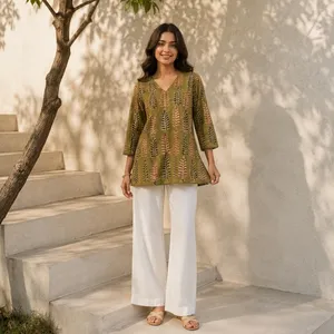 <b>Women</b> Cotton <b>Kurta</b> With Leaf Print Loose Fit Short Kurti Length Casual Ethnic Outfit All Seasons - Product Image 5