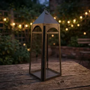 Iron and Glass Lantern <b>Candelabra</b> Home Decoration Durable <b>Black</b> Candle Holder for Indoor Use Ramadan & Weddings LED - Product Image 3