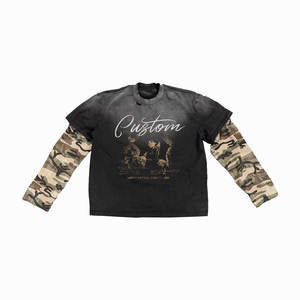 T-shirt unisexe à manches longues en coton 100% double couche, imprimé camouflage vintage délavé, avec logo personnalisé, pour homme - Product Image 2
