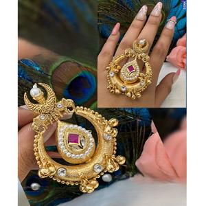 Anillo ajustable chapado en oro de calidad premium, elegante y único, con incrustaciones de Kundan, para ocasiones especiales y bodas, colección para chicas. - Product Image 1