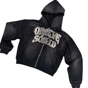 Sudadera con capucha y cremallera completa, personalizada con pedrería y estampado con efecto desgastado, de corte regular, con logo frontal bordado, lo último. - Product Image 5