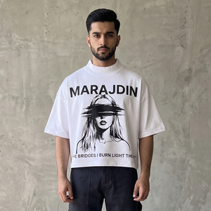 Oversized Graphic Print <b>Tee</b> Mock Neck <b>White</b> Drop Shoulder Heavyweight Cotton T Shirt Mens Womens Custom Streetwear T-Shirt Bulk - Product Image 3