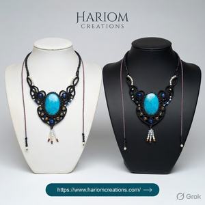 Collier en macramé noir fait main avec pendentif en pierre turquoise bleue naturelle, style bohème tribal, cordon réglable, bijou statement pour femme - Product Image 2