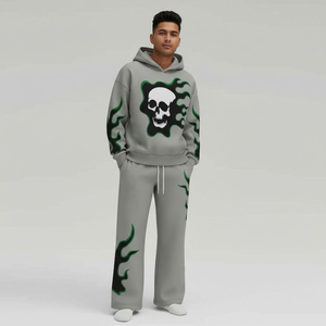 Conjunto Deportivo Y2K Personalizado para Hombre, Sudadera Gris de Felpa Gruesa con Bordado de Calavera y Llamas, Pantalones Acampanados, Venta al Por Mayor Glory - Product Image 2