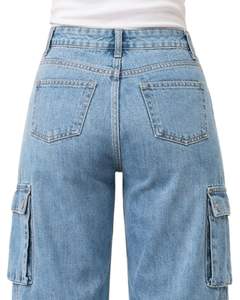 Jean cargo en denim bleu ciel taille haute à jambe large avec poches à rabat, style urbain, coupe décontractée pour femme, personnalisable OEM - Product Image 4