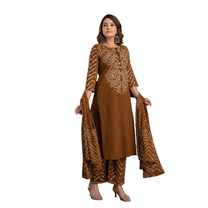 Conjunto de 3 Piezas de Algodón Puro para Mujer, Kurta, Pantalón y Dupatta, Ropa Étnica Cómoda - Product Image 1