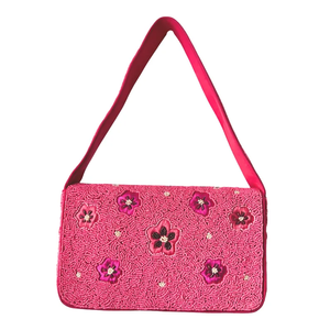 Bolso de hombro con cuentas florales rosas, bolso de mano con flores de cuentas hechas a mano, bolso llamativo de color rosa brillante, bolso de hombro moderno, bolso de verano. - Product Image 4
