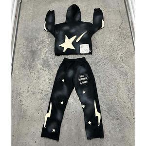 Conjunto de Sudadera con Capucha y Pantalones Deportivos de Alta Calidad para Hombre, Estilo Vintage, con Parches Bordados, Efecto Desgastado, Lavado Ácido, Estilo Urbano - Product Image 3