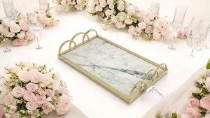 Stunning Gold Scalloped Edge Marble Serving Tray Decorative <b>Bar</b> Cart Ottoman Coffee Table Accent - Product Image 2