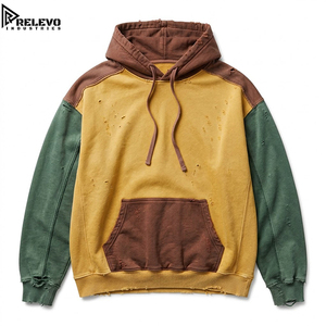 Sweat à capuche unisexe de haute qualité, coupe décontractée, avec motif vieilli, manches longues, délavé à l'acide, couleur moutarde et olive, avec capuche marron - Product Image 1