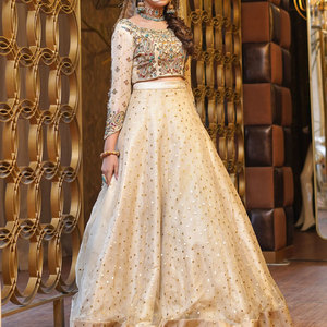 Lehenga nupcial bordado, vestido de novia largo hasta el suelo, de seda/tela de red, con espalda con cordones, atuendo de fiesta elegante para recepción, estilo étnico tradicional. - Product Image 1