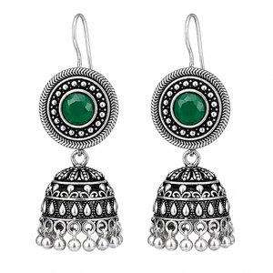 Proveedor Mayorista de Pendientes Jhumka de Plata Oxidada con Piedra Verde, Joyería Étnica Tribal Boho Hecha a Mano, Regalo para Mujer - Product Image 1