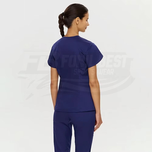 Blouse médicale bleue en coton et polyester à col en V pour femmes, avec poches, pour le personnel médical - Product Image 2