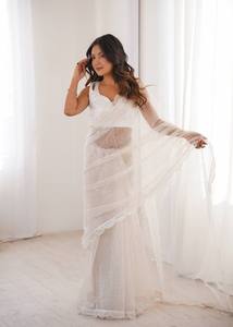 Sari élégant en soie Havy Benglori blanche Prayosha Enterprise pour femme, longueur ras du sol, coupe classique, extensible, imprimé pailleté, idéal pour mariage - Product Image 5
