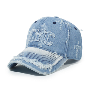 Cross-border Washed and Ripped Peaked <b>Cap</b>, Vintage Trendy NYC Letter Embroidered Denim Baseball <b>Cap</b> for Men, Soft Top Hat Wool - Product Image 3