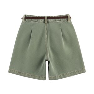 Shorts vaqueros plisados de talle alto verde oliva con cinturón, estilo culotte, para mujer, ropa casual de verano para la calle - Product Image 2