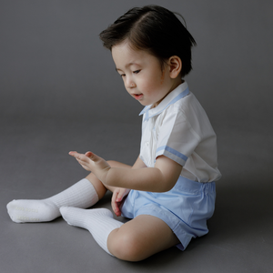 Bordado de dibujos animados de 2 piezas de diseño premium bebé niños ropa casual conjunto azul de manga corta ODM, OEM-Nolan - Product Image 2