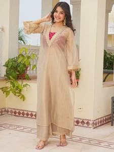 Designer Party Wear Embroidery Sequence Work Golden <b>Tissue</b> Top With Blouse And Plazzo Bottom Fully Stitched Ready To Wear Set - Product Image 4