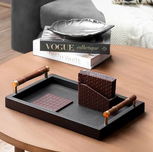 Plateau de service en bois fait main avec revêtement en cuir noir, poignée en bambou, design moderne, logo personnalisé, taille personnalisée, plateau pour Pâques, Ramadan, mariage - Product Image 3