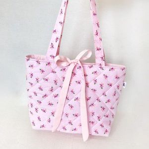 Large Cotton Quilted Tote Bag Floral Embroidery Gingham Trim Zipper Closure Daily Use Portable Fashion Boho Style Polyester - Product Image 3