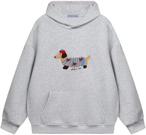 Sweat-shirt à capuche unisexe surdimensionné gris avec motif de teckel brodé, design décontracté pour l'automne, coupe ample, poche, tricoté, 100% coton - Product Image 1