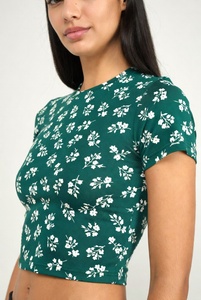 T-shirt tricoté asymétrique à manches courtes et col rond pour femme, imprimé floral, vêtements décontractés printemps-été - Product Image 6
