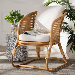 Handwoven <b>Natural</b> Rattan Decorative <b>chair</b> Wicker <b>Dining</b> <b>Chair</b> With Curved Frame Open Back And Soft Cushion For Living Room - Product Image 1