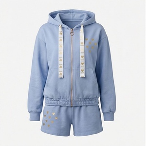Conjunto de Sudadera con Capucha y Pantalones Cortos de Felpa Azul para Mujer, con Estampado de Corazones Dorados, Corte Holgado Informal, Cierre de Cremallera Frontal, Traje Deportivo de 2 Piezas para Primavera/Verano - Product Image 1