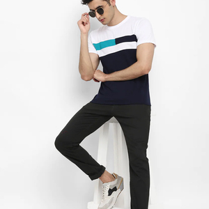 เสื้อยืดคอกลมแขนสั้นทรงปกติสำหรับผู้ชาย ผ้าฝ้าย 100% ระบายอากาศได้ดี เป็นมิตรกับสิ่งแวดล้อม สีขาว กรมท่า สีเขียวอมฟ้า - Product Image 1