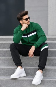 Men's Green Color Blocking <b>Track</b> <b>Jacket</b> Hooded Full Sleeve Sporty Streetwear Winter Wear Regular Fit Side Pockets Fleece 100% - Product Image 6