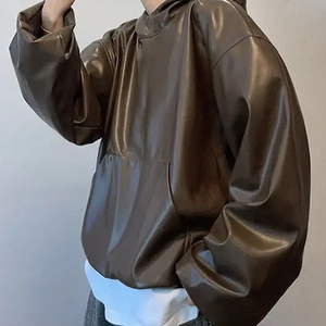 Sweat à capuche pour homme en cuir véritable de qualité supérieure avec doublure intérieure douce et confortable, capuche ajustable sur toute la longueur, bordure côtelée, service OEM - Product Image 3