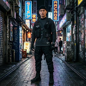 Custom OEM Men's Long Sleeve <b>Mock</b> <b>Neck</b> T-Shirt Charcoal Grey Techwear Streetwear Tactical Graphic Print Pullover <b>Top</b> - Product Image 5