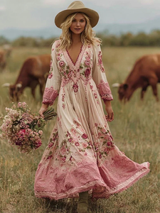 Vestido maxi bohemio con bordado floral, cuello en V profundo, mangas largas, tela crema ligera y fluida para mujer. - Product Image 2