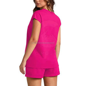 Ensemble de shorts de sport en denim de coton imprimé personnalisé rose pour femmes, 2 pièces, col rond, manches courtes, tricoté, décontracté, printemps-été, respirant - Product Image 4