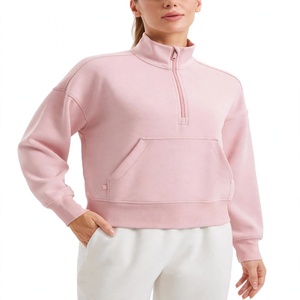 Sweat-shirt court en molleton épais pour femme, col montant zippé, manches longues, décontracté, avec poche - Product Image 1
