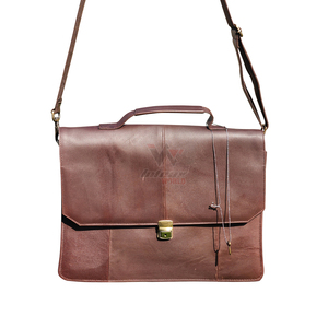 <b>Mens</b> Front Flap Genuine <b>Leather</b> <b>Satchel</b> Classic Brown Modern Style Business Laptop Bag Zipper Closure Waterproof Large Bag - Product Image 1