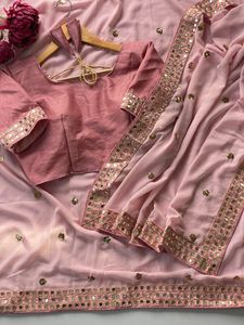 Sari Étnico para Mujer al por Mayor, Georgette Pesado con Lentejuelas de 5mm, Bordado Butti, Borde con Espejos, Sari Tradicional de Bollywood para Fiesta con Blusa - Product Image 5