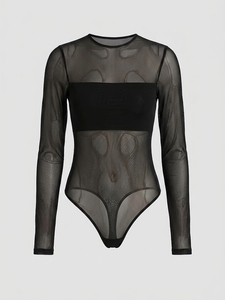 Body string décontracté d'été pour femme, uni, transparent, coupe haute, une pièce, en tissu résille, manches longues - Product Image 5
