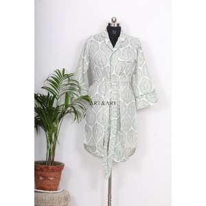 เสื้อคลุมกิโมโนสไตล์โบฮีเมียนสำหรับผู้หญิงอินเดีย ความยาวปานกลาง ผ้าฝ้ายอย่างดี ใช้เป็นชุดนอนได้ มีสายผูกตกแต่งกระดุม ดีไซน์หวานๆ ทรงหลวม - Product Image 1