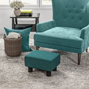 Pouf in Tessuto di Lino Verde con Gambe in Plastica per Casa, Ufficio o Camera da Letto - Product Image 2