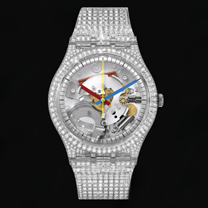 Montre mécanique avec cadran squelette serti de cristaux, ton argenté, aiguilles colorées, boîtier incrusté de cristaux et design streetwear haut de gamme - Product Image 1