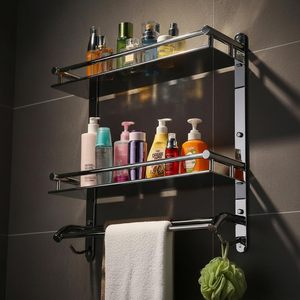Stainless Steel 2 Tier Bathroom Shelf with Towel Holder Wall Mounted Bathroom Organizer Rack <b>Bath</b> Towel Bathroom Accessories - Product Image 6