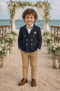 Costume de mariage sur mesure pour garçons à double boutonnage |   Blazer en jacquard marron avec pantalon kaki et nœud papillon |   Costume de soirée formel pour enfants - Product Image 3