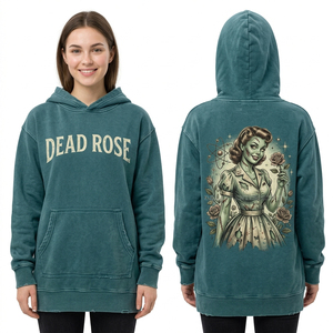 Sweat-shirt polaire personnalisé bleu sarcelle foncé délavé à l'acide, avec motif Dead Rose, imprimé Pin-up Zombie, style vintage atomique, streetwear - Product Image 1